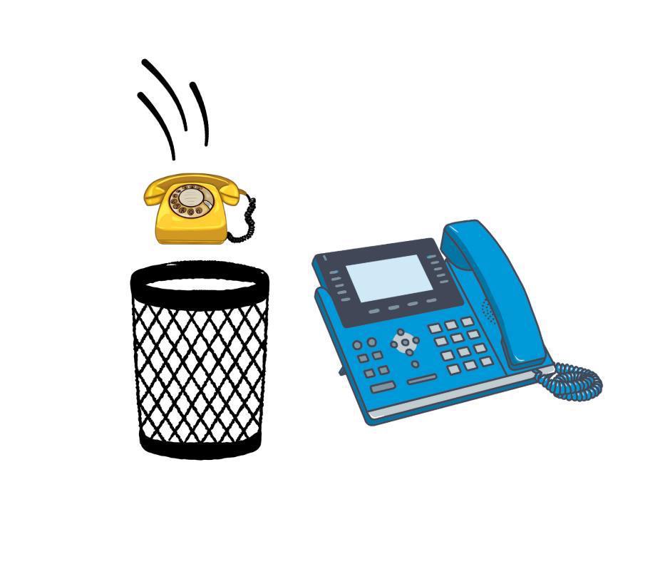 Graphic showing a traditional phone being tossed into the garbage and being upgraded to a Clear Convers Business Phone