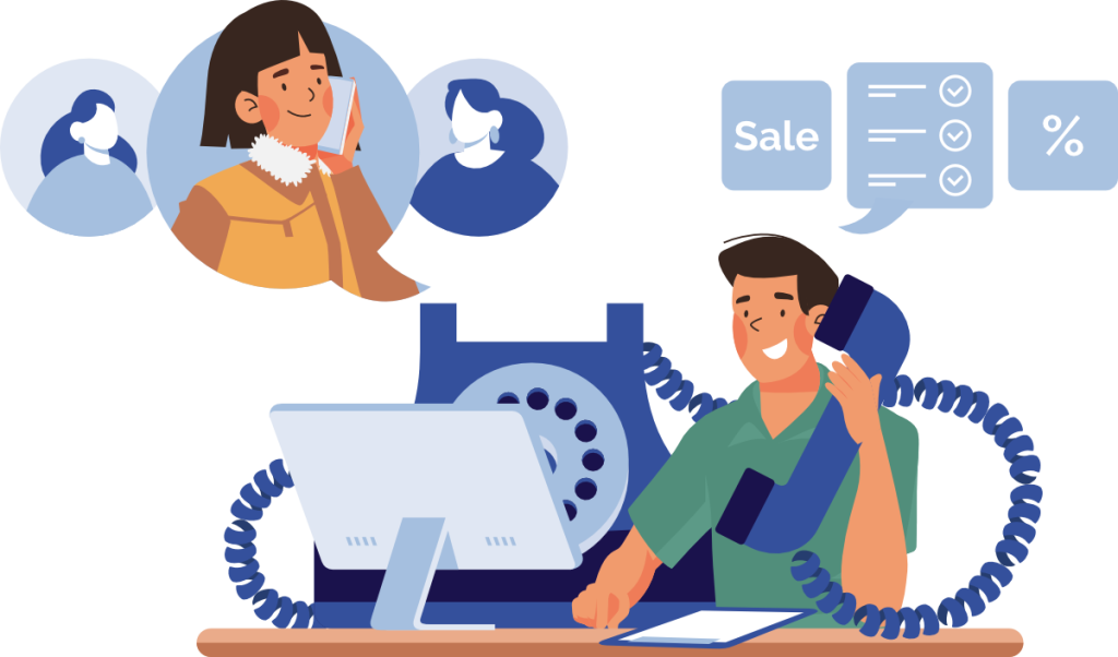 an infographic depicting a man talking with many customers using their Clear Converse communications systems