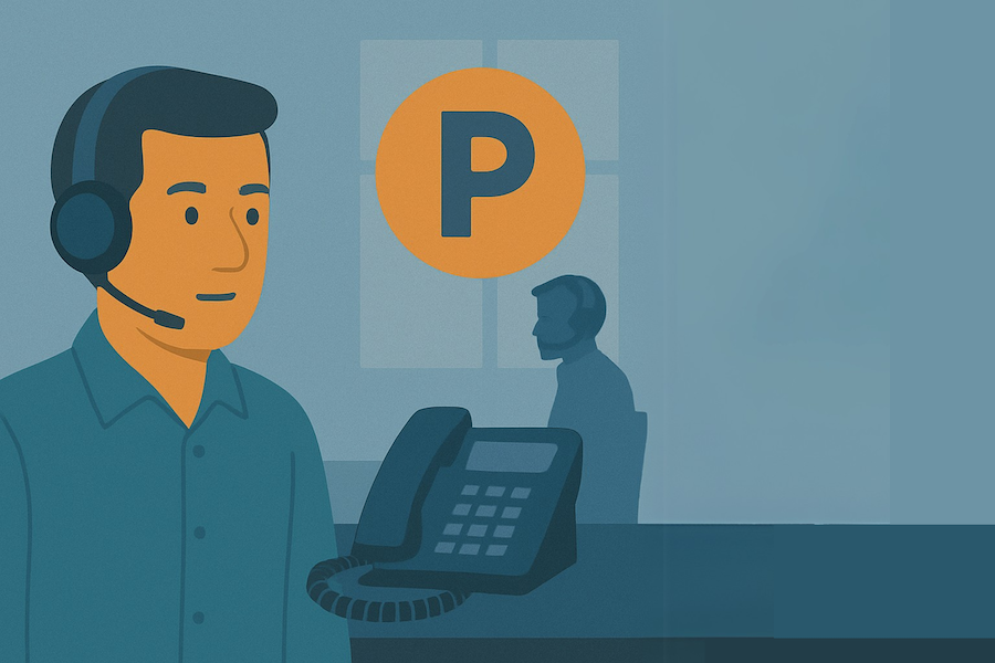 A man learning about Clear Converse's method of putting a customer on hold, without the traditional restrictions of call holding