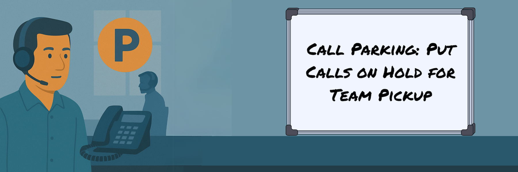A man learning about Clear Converse's method of putting a customer on hold, without the traditional restrictions of call holding